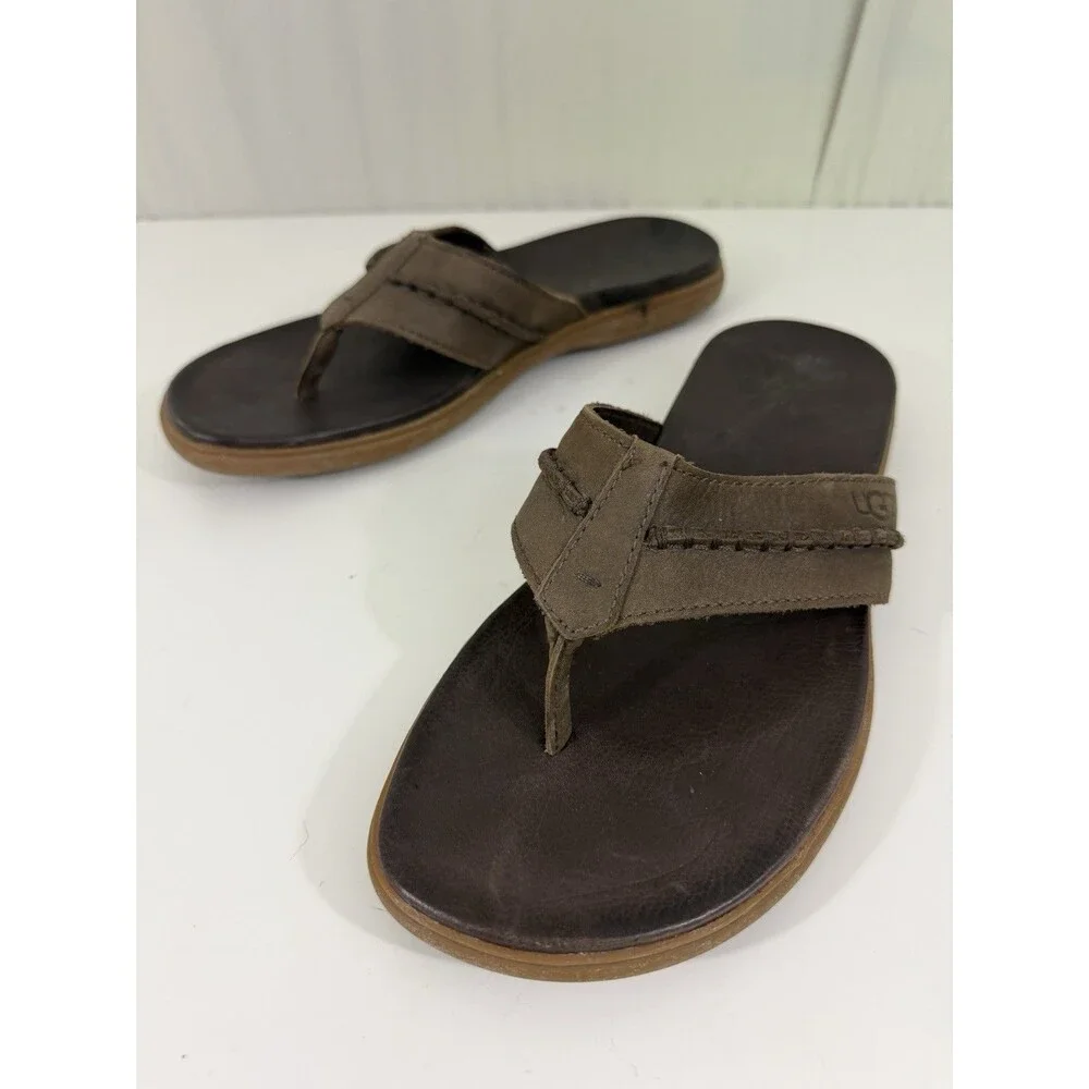 Ugg Australia Slip On Sandals Sz 11 Flip Flops Thongs Brown Leather Shoes